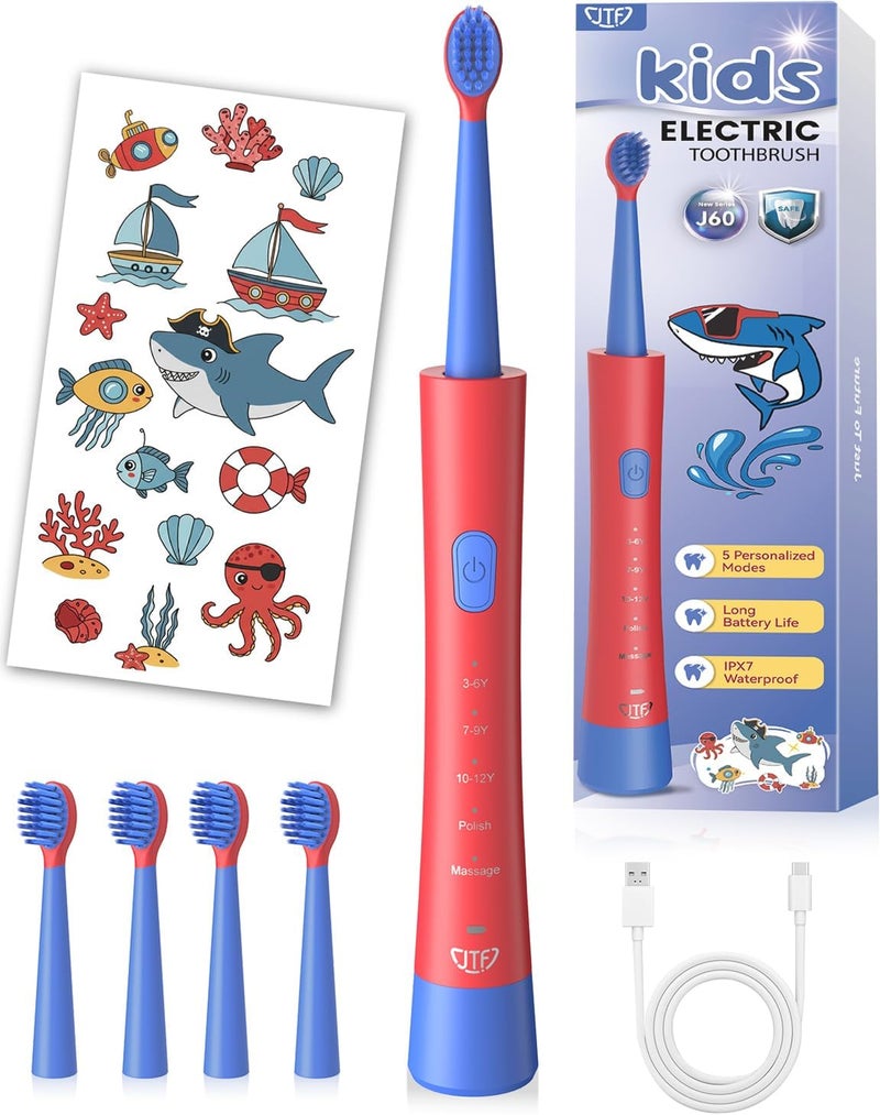 JTF Kids Electric Toothbrush Rechargeable: Sonic Tooth Brush with Smart Timer 5 Brushing Modes 4 Soft Small Brush Heads DIY Sticker and IPX7 Waterproof, Portable Children Toothbrushes for Boy, Ages 3+ - Image 1
